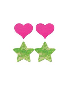 Fantasy UV Reactive Neon Heart & Lace Star Pasties - Pink & Green O/S Pack  of 2