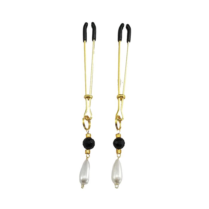 Bijoux de Nip Tweezer Nipple Clamp w/Black & Gold Beads w/Pearl - Gold